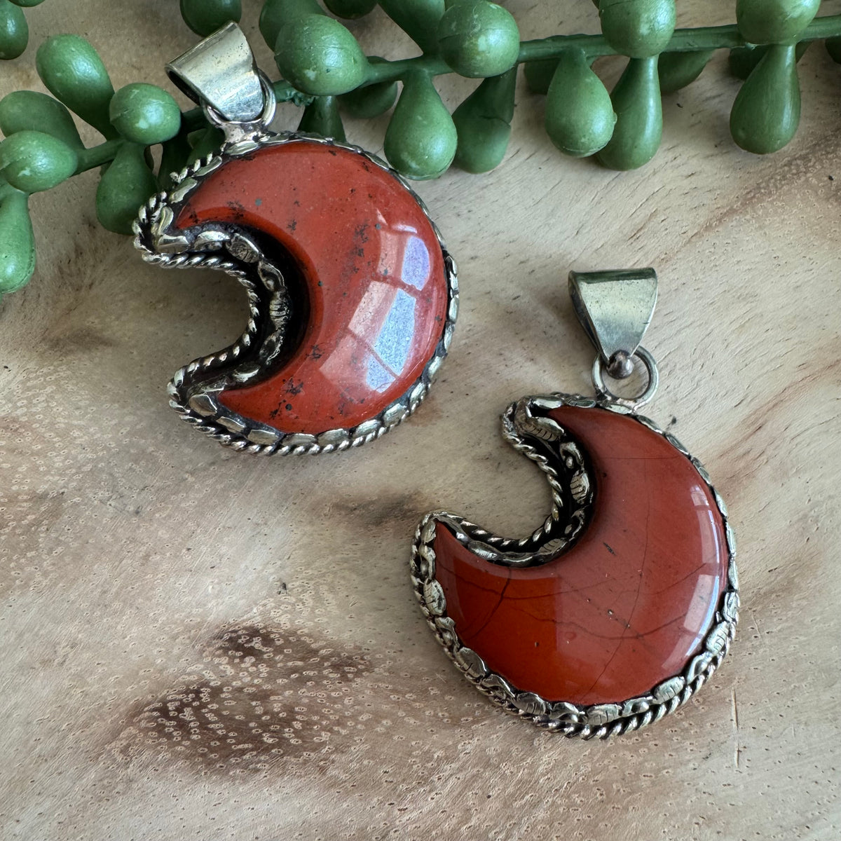 Red Jasper Moon Pendant with Silver-Tone Detailing SWP40