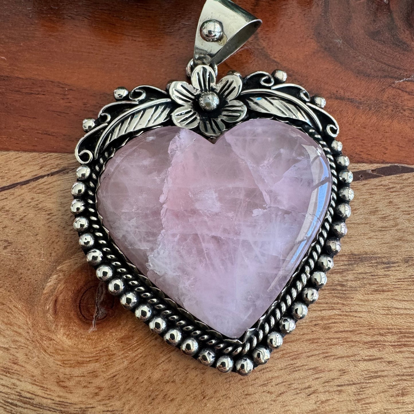 Large Rose Quartz Heart Pendant with Floral Detailing – Antique Silver-Tone Southwest Style