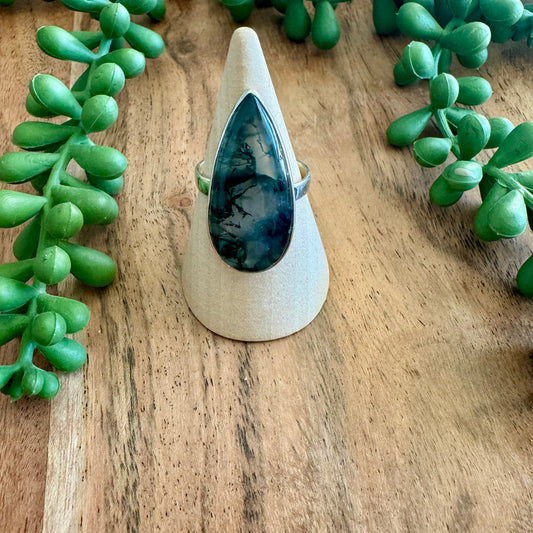 .925 Sterling Silver Moss Agate Ring - Size 9