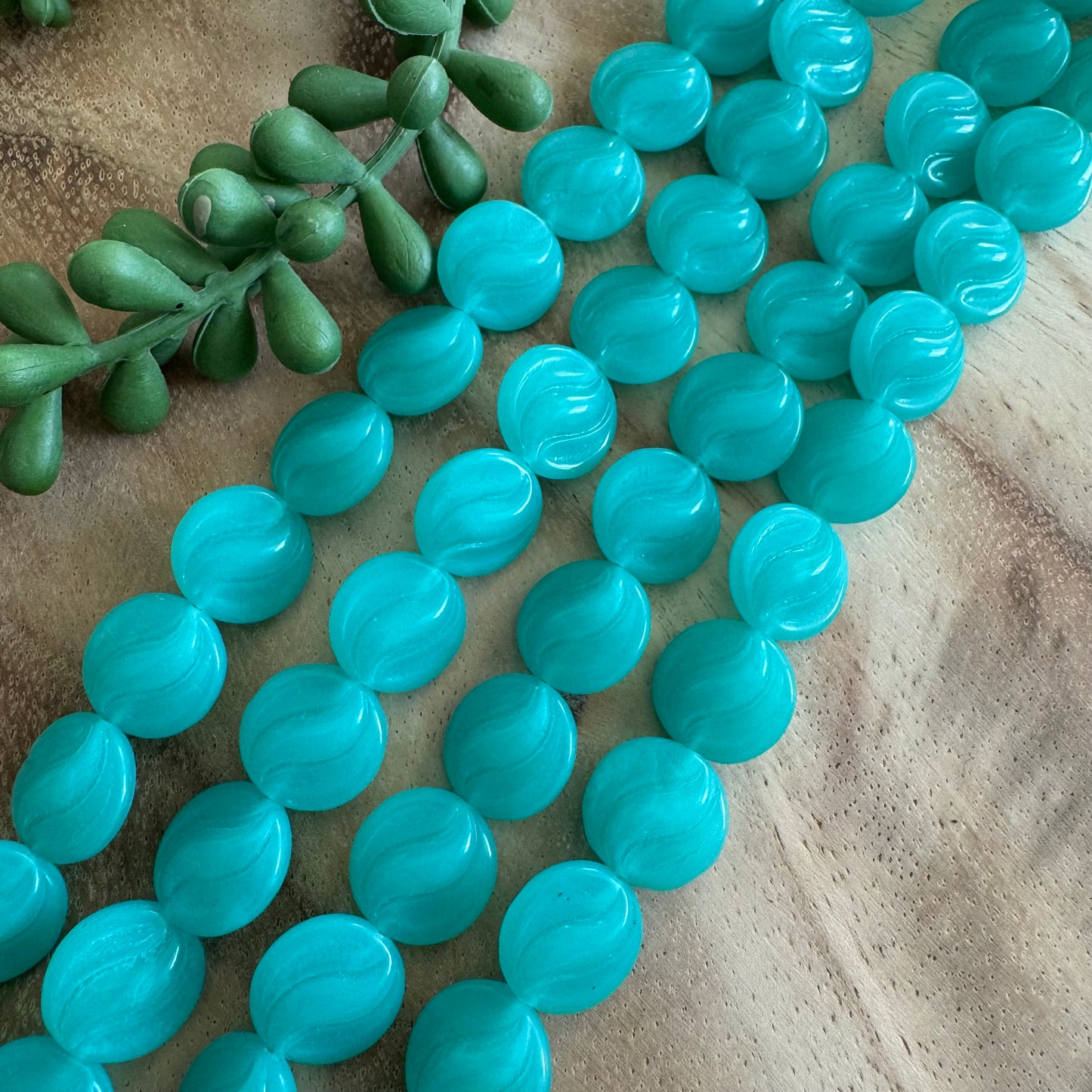 Vintage Aqua Czech Glass Coin Beads – 14 mm – 8 Inch Strand
