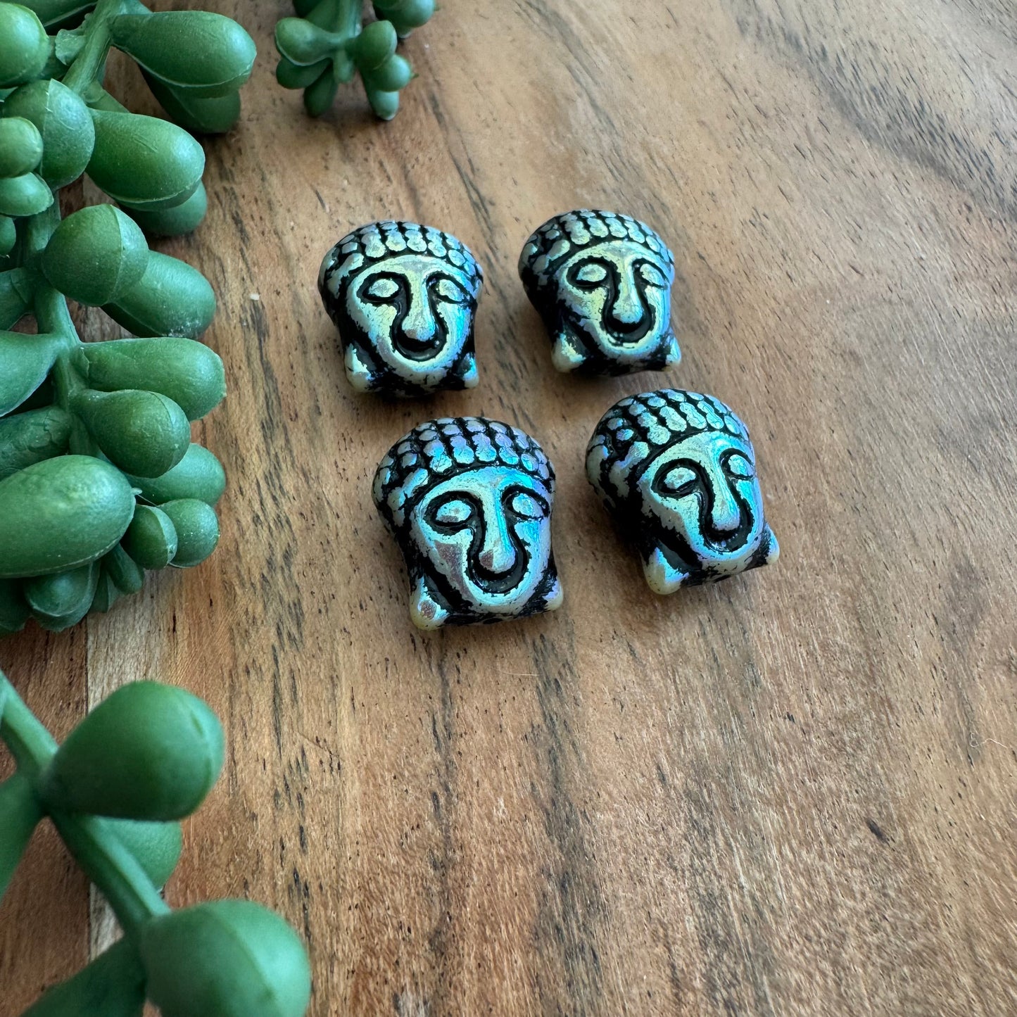 Czech Glass Iridescent and Black Wash Buddha Focal Bead 4pcs